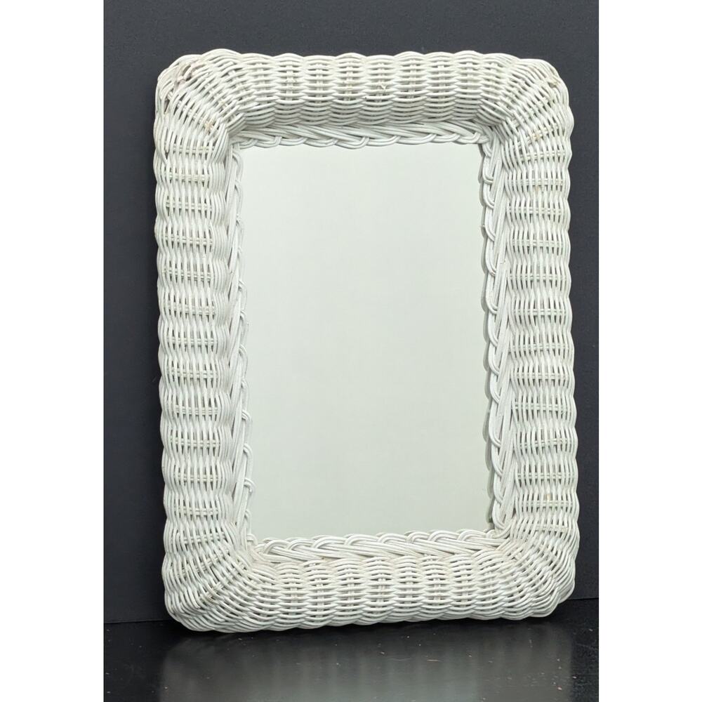 White Wicker Wall Mirror Retro Beach House Cottage Decor Vintage coastal 70's